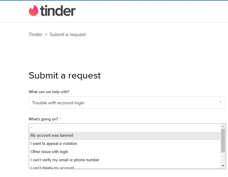 How to appeal a Tinder ban on Tinder support page