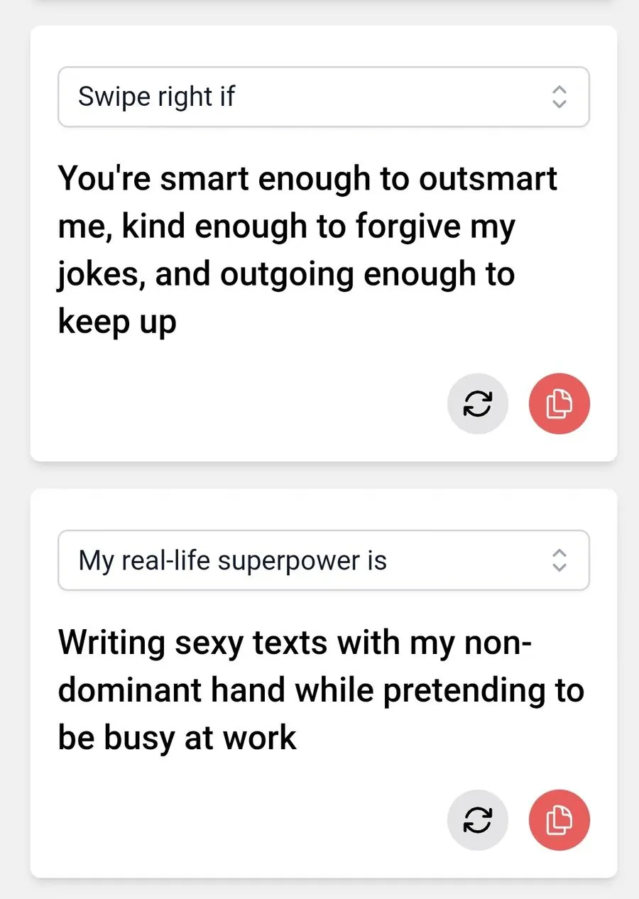 Screenshot of YourMove AI's Profile Writer showing a couple of the custom-made recommendations generated by the tool