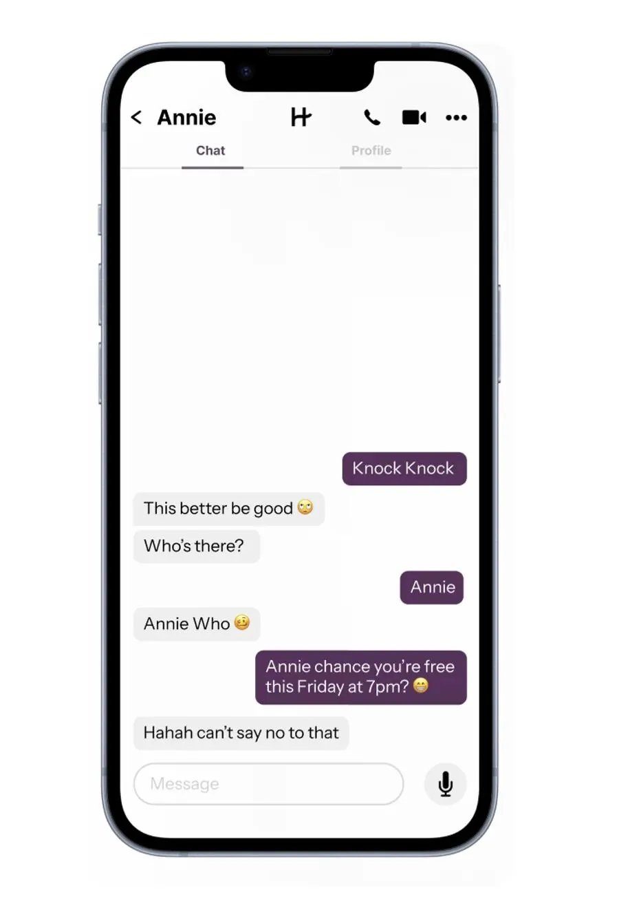 A Hinge chat mockup showing how to use a funny opener successfully