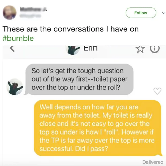 Toilet paper over the top or under the roll opening line.