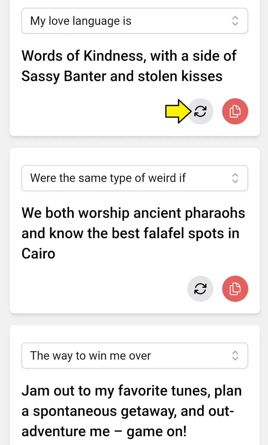 Screenshot of YourMove AI's Profile Writer with suggested Hinge prompts and respective answers