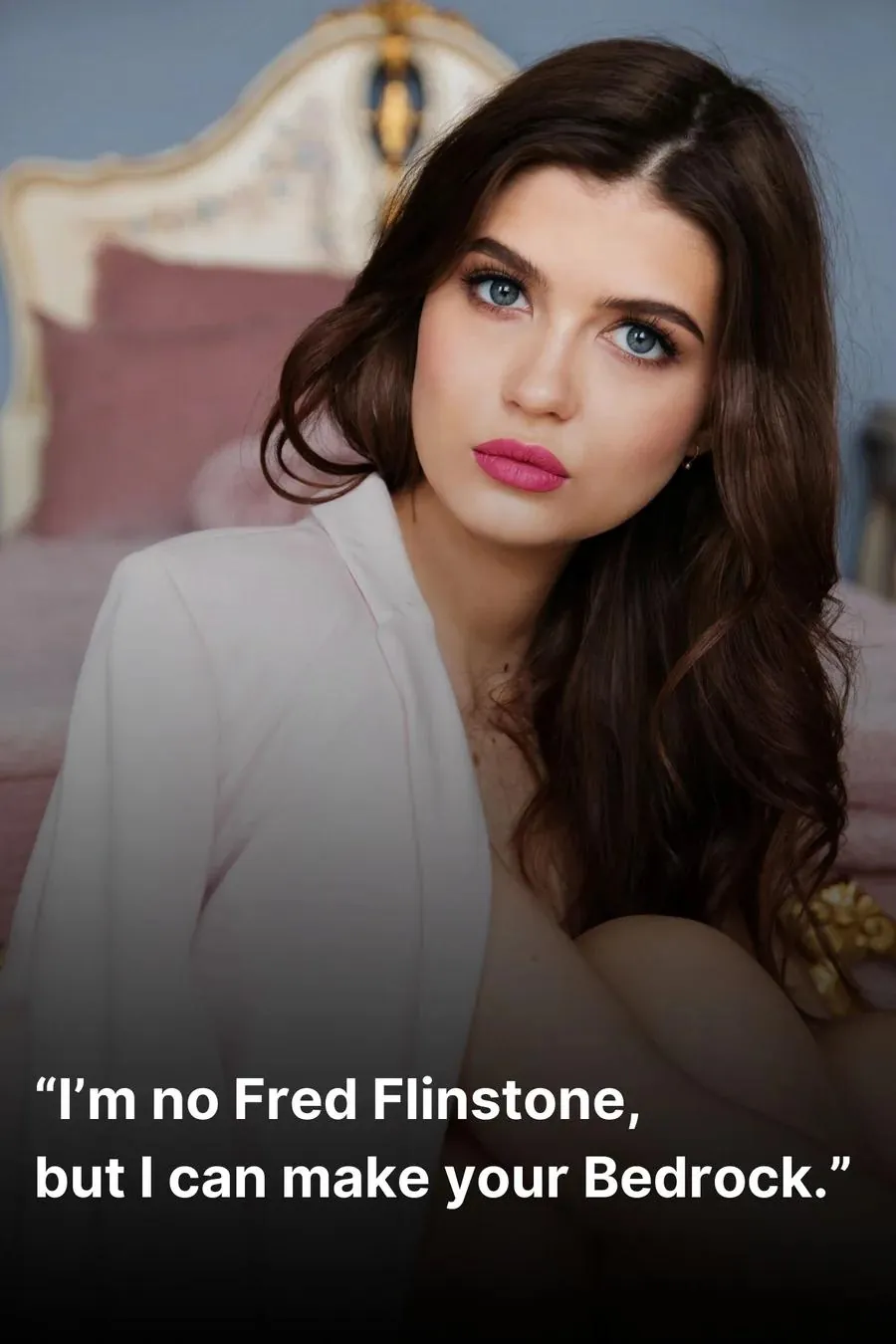 Blue-eyed woman facing the camera seductively