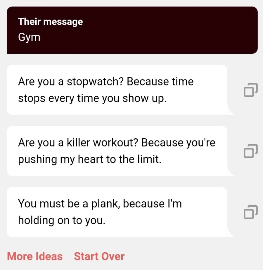Screenshot of gym pickup lines generated by YourMove's Chat Assistant
