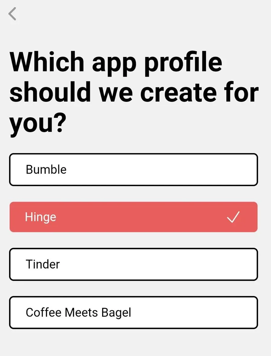 Screenshot of YourMove AI's Profile Writer showing the different dating apps supported