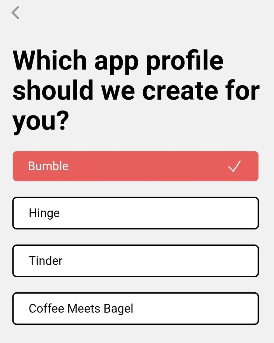 Screenshot of YourMove AI's Profile Writer showing the different dating apps supported by the tool