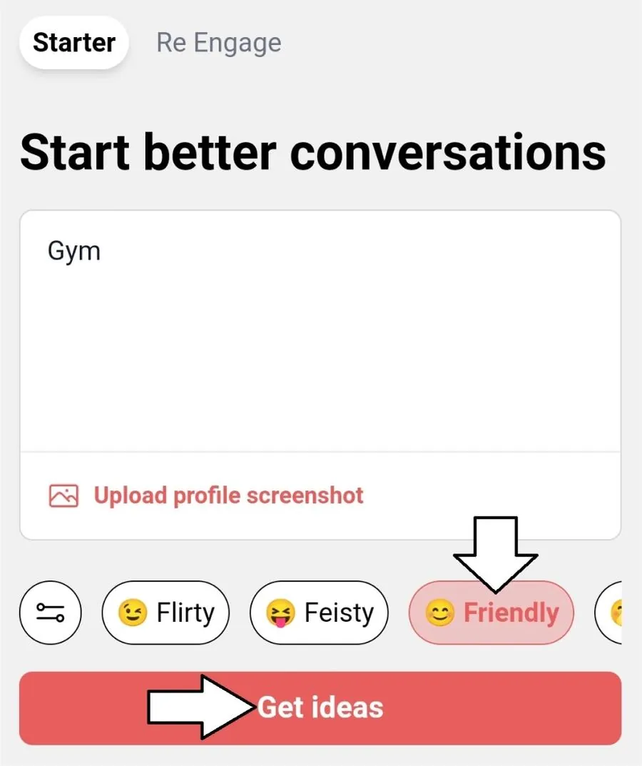 Screenshot showing how to generate gym pickup lines with YourMove AI's chat assistant