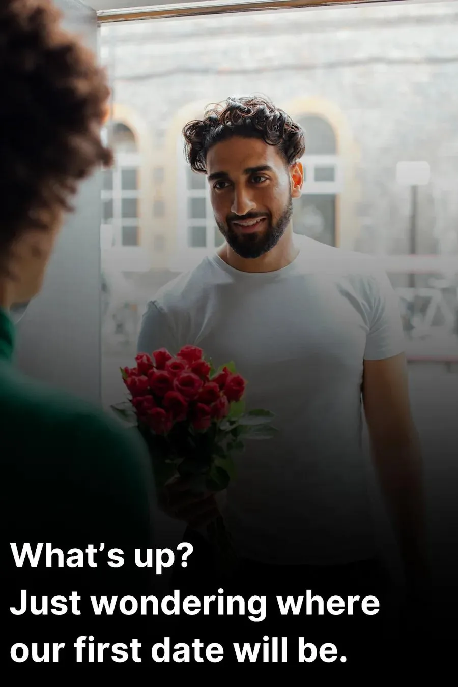 man giving roses to a woman and asking her on a date after she said "what's up?"