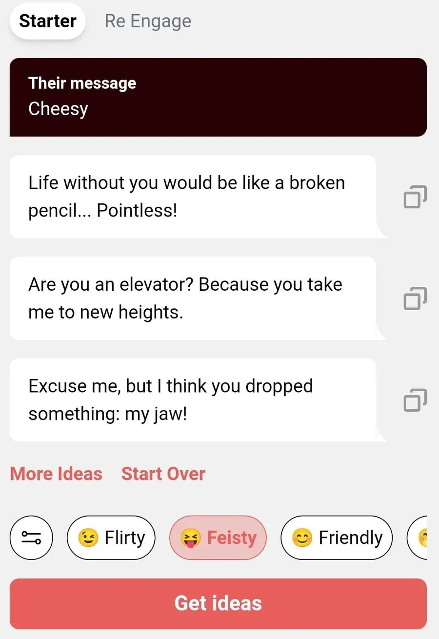 Screenshot of YourMove AI's Chat Assistant showing three cheesy pick up lines generated by the tool